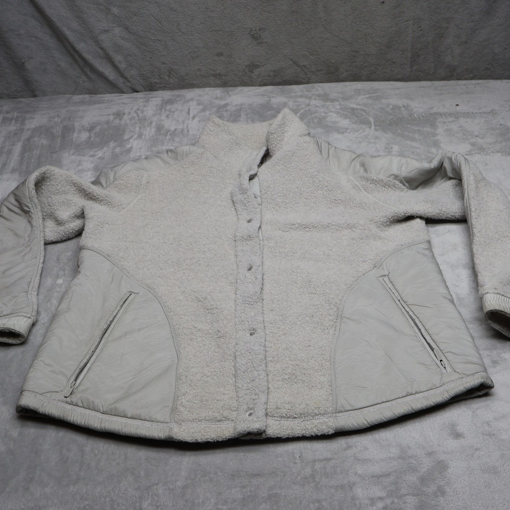 Lululemon Go Cozy Jacket Womens 12 White Fleece Sherpa Snap Front High Neck